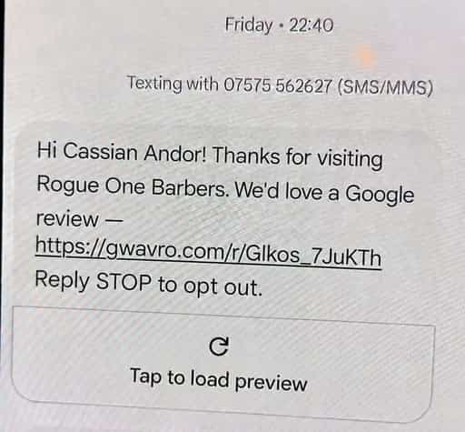 A barber review request text message