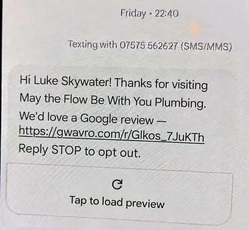 A plumber review request text message
