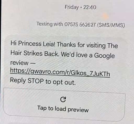 A salon review request text message